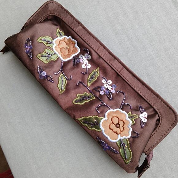 Avon Brown Satin Floral Beaded Clutch embroidered sequin evening bag vtg Y2K - Picture 1 of 14
